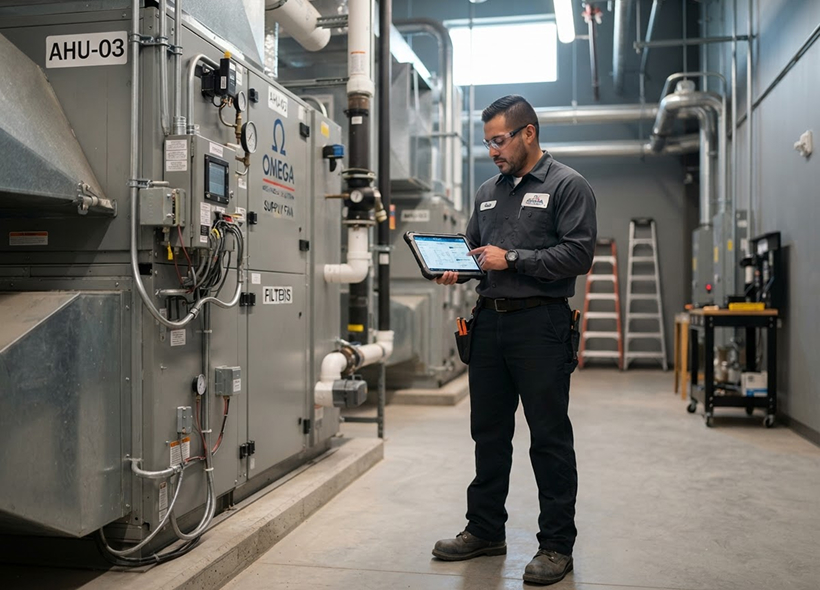 HVAC technician checking a work order on a tablet in a mechanical room
